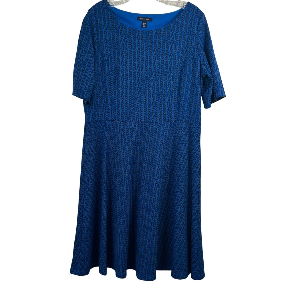 Lands End Blue Black Geometric Fit and Flare Dress Petite Large Short Sleeve